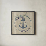 Floursack Nautical IX Burlap by Danhui Nai. Shown in a sleek black glass frame for a contemporary gallery look. Available as an archival giclee rolled canvas, fine art paper, or poster print. SKU 61128a.