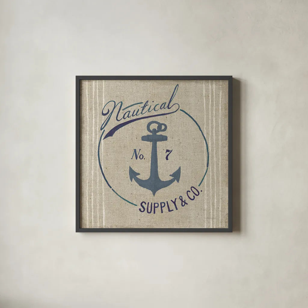 Floursack Nautical IX Burlap by Danhui Nai. Shown in a sleek black glass frame for a contemporary gallery look. Available as an archival giclee rolled canvas, fine art paper, or poster print. SKU 61128a.