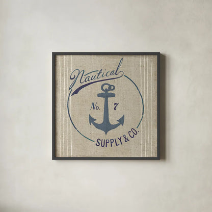 Floursack Nautical IX Burlap by Danhui Nai. Shown in a sleek black glass frame for a contemporary gallery look. Available as an archival giclee rolled canvas, fine art paper, or poster print. SKU 61128a.