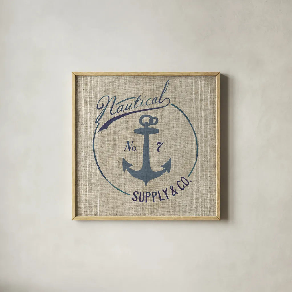 Floursack Nautical IX Burlap by Danhui Nai. Shown in a natural wood glass frame for a timeless modern aesthetic. Available as an archival giclee rolled canvas, fine art paper, or poster print. SKU 61128a.