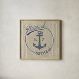 Floursack Nautical IX Burlap by Danhui Nai. Shown in a natural wood glass frame for a timeless modern aesthetic. Available as an archival giclee rolled canvas, fine art paper, or poster print. SKU 61128a.