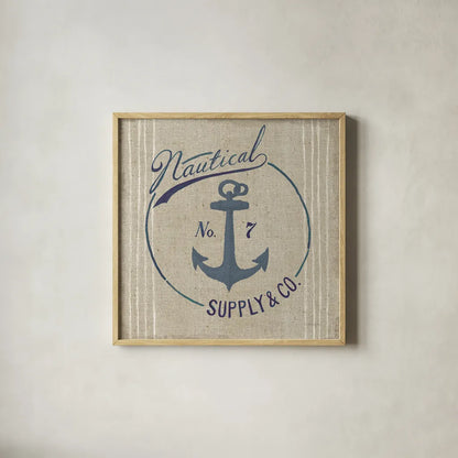 Floursack Nautical IX Burlap by Danhui Nai. Shown in a natural wood glass frame for a timeless modern aesthetic. Available as an archival giclee rolled canvas, fine art paper, or poster print. SKU 61128a.