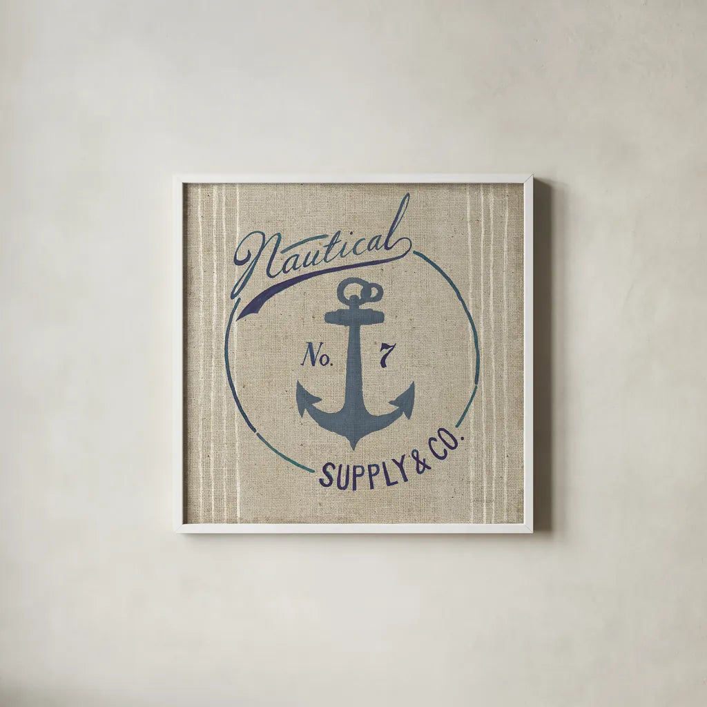 Floursack Nautical IX Burlap by Danhui Nai. Shown in a crisp white glass frame for a clean and minimalist style. Available as an archival giclee rolled canvas, fine art paper, or poster print. SKU 61128a.