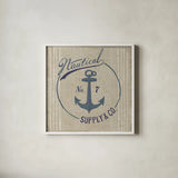 Floursack Nautical IX Burlap by Danhui Nai. Shown in a crisp white glass frame for a clean and minimalist style. Available as an archival giclee rolled canvas, fine art paper, or poster print. SKU 61128a.