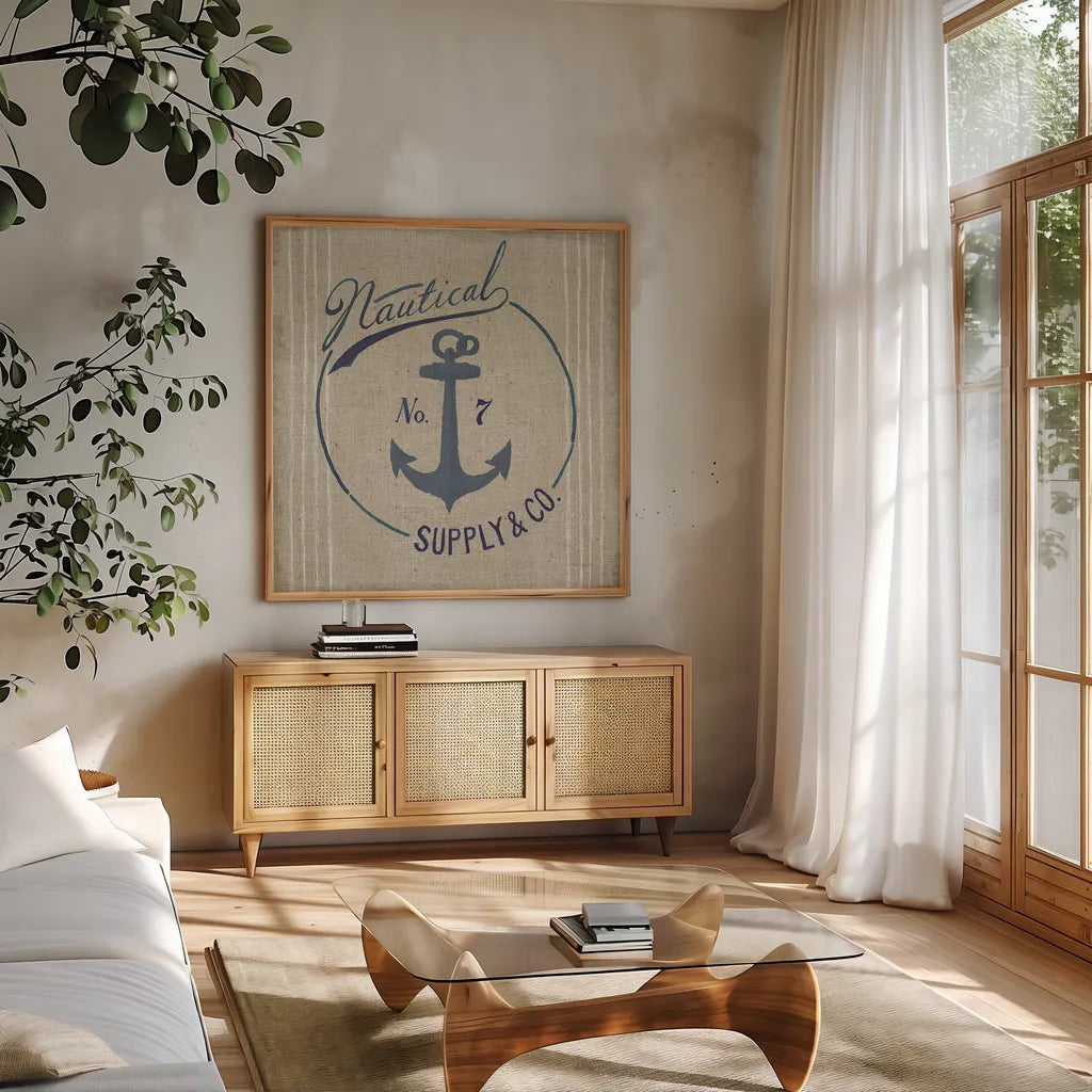 Floursack Nautical IX Burlap by Danhui Nai. Shown in a natural wood frame in a cozy modern living room. Available as an archival giclee rolled canvas, fine art paper, or poster print. SKU 61128a.
