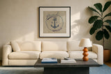 Floursack Nautical IX Burlap by Danhui Nai. Displayed in a glass frame with matte in a clean modern living room. Available as an archival giclee rolled canvas, fine art paper, or poster print. SKU 61128a.