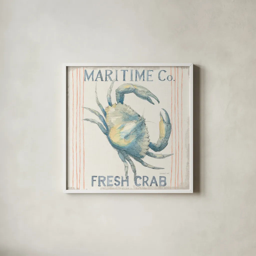 Floursack Nautical Square III by Danhui Nai. Shown in a crisp white glass frame for a clean and minimalist style. Available as an archival giclee rolled canvas, fine art paper, or poster print. SKU 61350a.