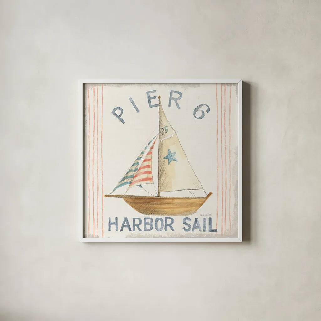 Floursack Nautical Square VII by Danhui Nai. Shown in a crisp white glass frame for a clean and minimalist style. Available as an archival giclee rolled canvas, fine art paper, or poster print. SKU 61352a.