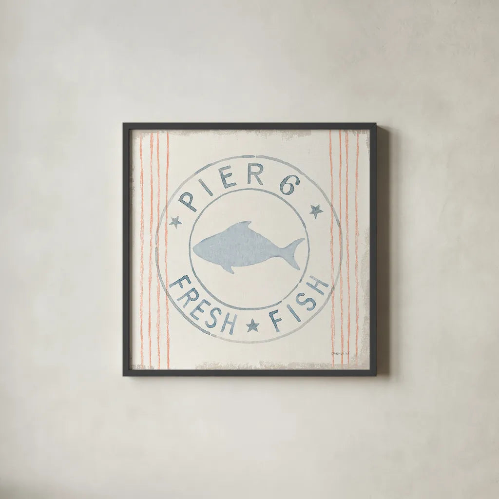 Floursack Nautical VIII Fish by Danhui Nai. Shown in a sleek black glass frame for a contemporary gallery look. Available as an archival giclee rolled canvas, fine art paper, or poster print. SKU 55267a.