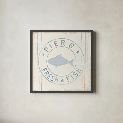 Floursack Nautical VIII Fish by Danhui Nai. Shown in a sleek black glass frame for a contemporary gallery look. Available as an archival giclee rolled canvas, fine art paper, or poster print. SKU 55267a.