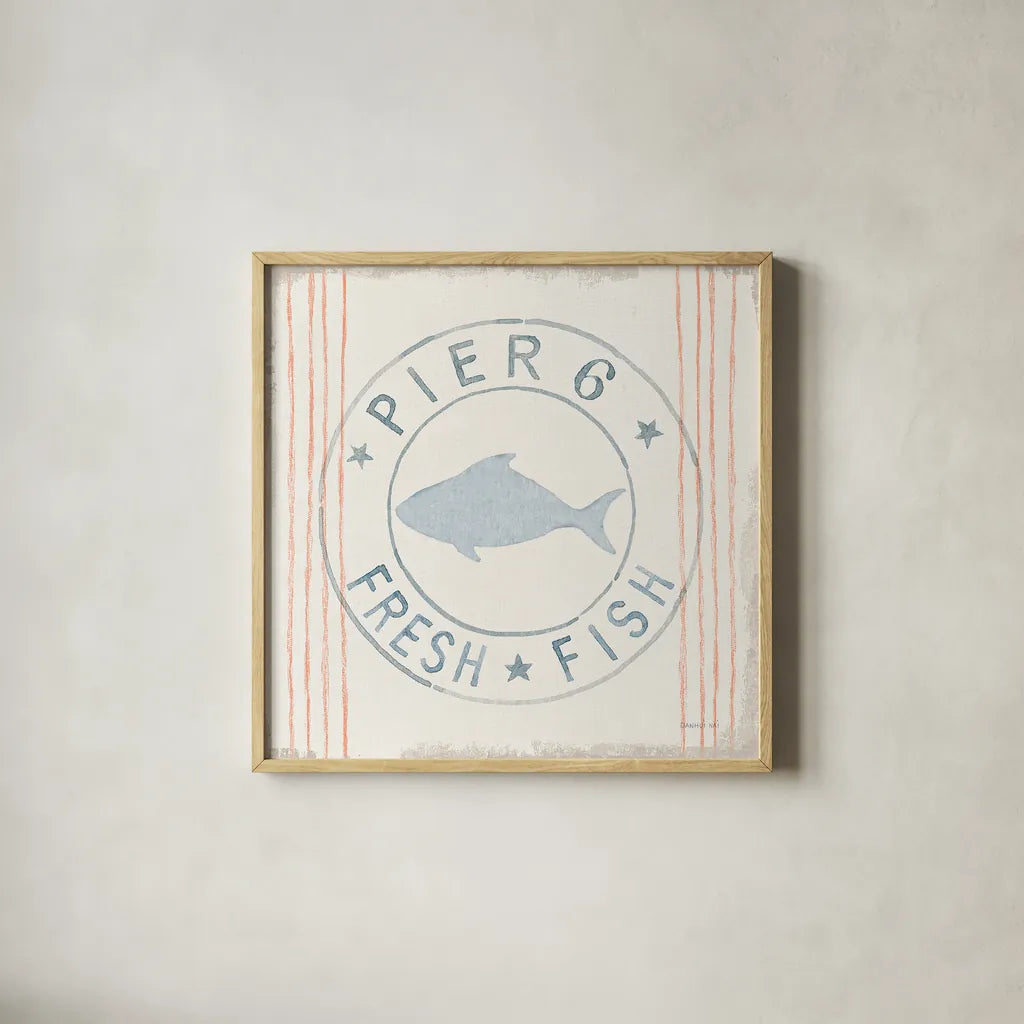 Floursack Nautical VIII Fish by Danhui Nai. Shown in a natural wood glass frame for a timeless modern aesthetic. Available as an archival giclee rolled canvas, fine art paper, or poster print. SKU 55267a.