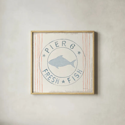 Floursack Nautical VIII Fish by Danhui Nai. Shown in a natural wood glass frame for a timeless modern aesthetic. Available as an archival giclee rolled canvas, fine art paper, or poster print. SKU 55267a.