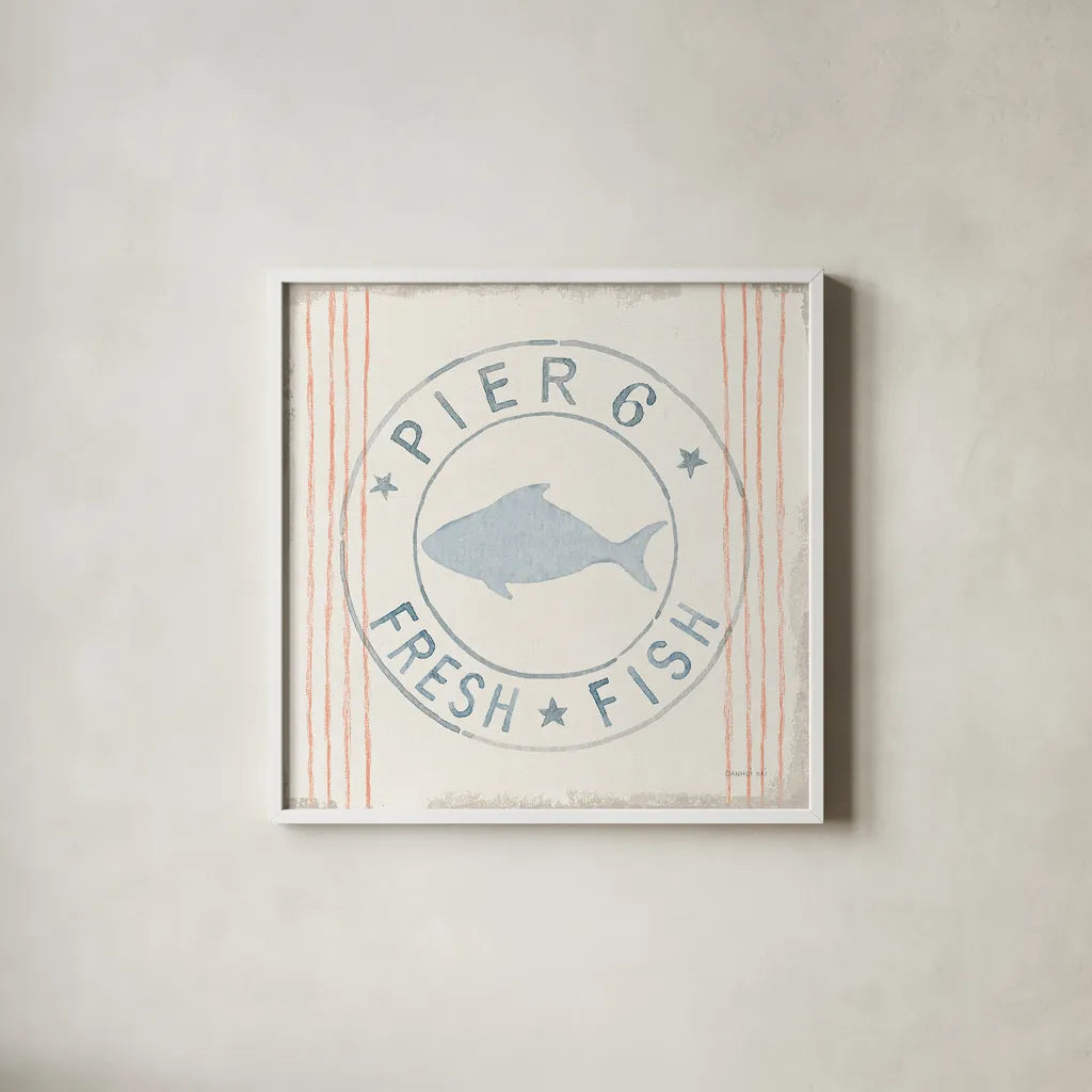 Floursack Nautical VIII Fish by Danhui Nai. Shown in a crisp white glass frame for a clean and minimalist style. Available as an archival giclee rolled canvas, fine art paper, or poster print. SKU 55267a.