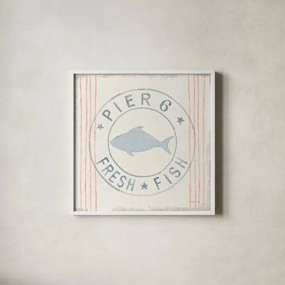 Floursack Nautical VIII Fish by Danhui Nai. Shown in a crisp white glass frame for a clean and minimalist style. Available as an archival giclee rolled canvas, fine art paper, or poster print. SKU 55267a.