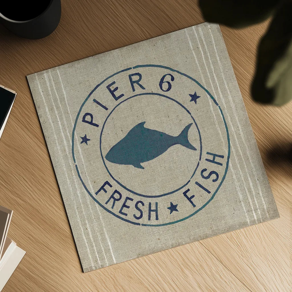 Floursack Nautical VIII Fish Burlap by Danhui Nai. Shown as a detailed flat fine art print, highlighting archival giclee quality. Available as an archival giclee rolled canvas, fine art paper, or poster print. SKU 61127a.