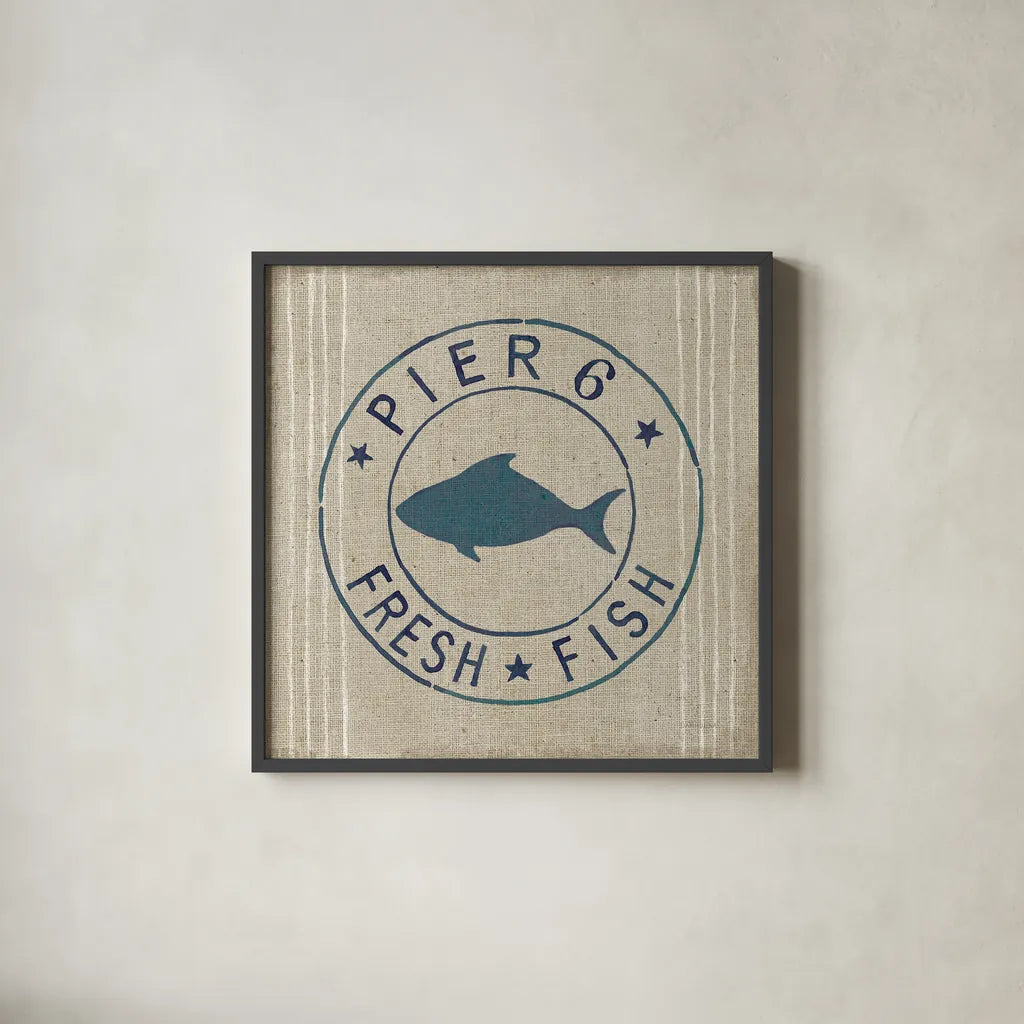 Floursack Nautical VIII Fish Burlap by Danhui Nai. Shown in a sleek black glass frame for a contemporary gallery look. Available as an archival giclee rolled canvas, fine art paper, or poster print. SKU 61127a.