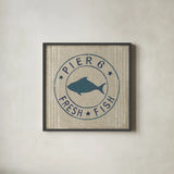 Floursack Nautical VIII Fish Burlap by Danhui Nai. Shown in a sleek black glass frame for a contemporary gallery look. Available as an archival giclee rolled canvas, fine art paper, or poster print. SKU 61127a.