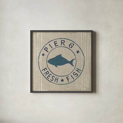 Floursack Nautical VIII Fish Burlap by Danhui Nai. Shown in a sleek black glass frame for a contemporary gallery look. Available as an archival giclee rolled canvas, fine art paper, or poster print. SKU 61127a.