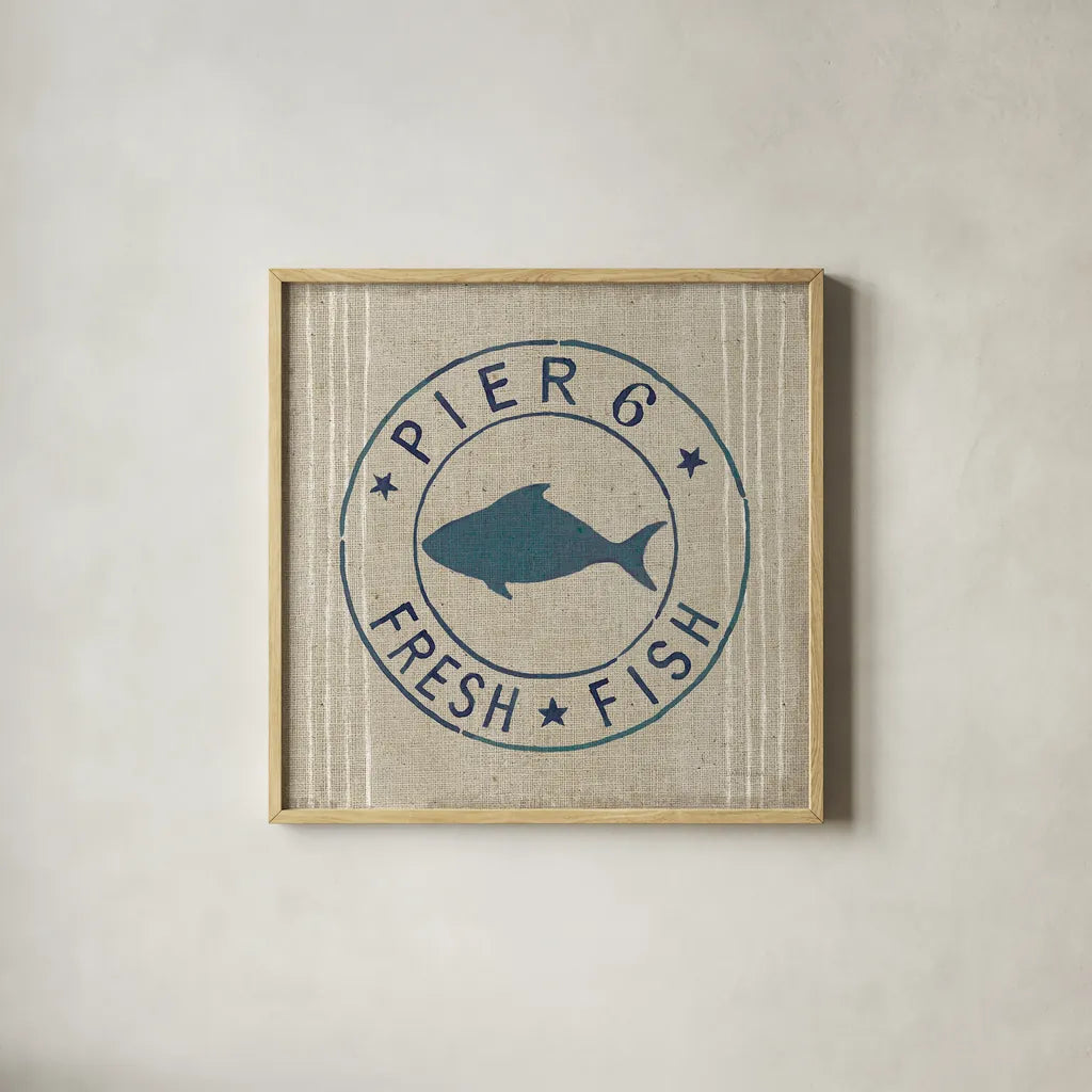 Floursack Nautical VIII Fish Burlap by Danhui Nai. Shown in a natural wood glass frame for a timeless modern aesthetic. Available as an archival giclee rolled canvas, fine art paper, or poster print. SKU 61127a.