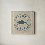 Floursack Nautical VIII Fish Burlap by Danhui Nai. Shown in a natural wood glass frame for a timeless modern aesthetic. Available as an archival giclee rolled canvas, fine art paper, or poster print. SKU 61127a.
