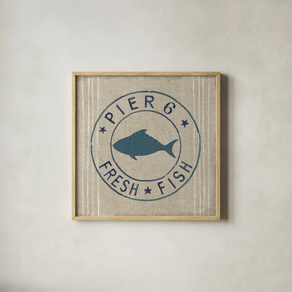 Floursack Nautical VIII Fish Burlap by Danhui Nai. Shown in a natural wood glass frame for a timeless modern aesthetic. Available as an archival giclee rolled canvas, fine art paper, or poster print. SKU 61127a.