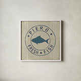 Floursack Nautical VIII Fish Burlap by Danhui Nai. Shown in a crisp white glass frame for a clean and minimalist style. Available as an archival giclee rolled canvas, fine art paper, or poster print. SKU 61127a.