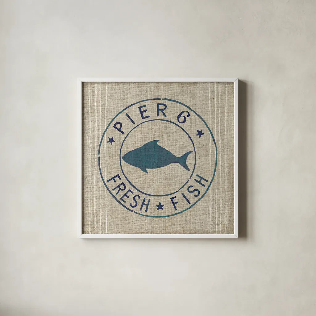 Floursack Nautical VIII Fish Burlap by Danhui Nai. Shown in a crisp white glass frame for a clean and minimalist style. Available as an archival giclee rolled canvas, fine art paper, or poster print. SKU 61127a.