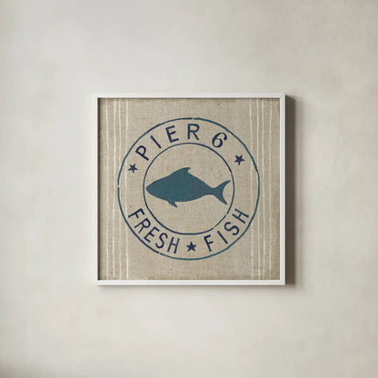Floursack Nautical VIII Fish Burlap by Danhui Nai. Shown in a crisp white glass frame for a clean and minimalist style. Available as an archival giclee rolled canvas, fine art paper, or poster print. SKU 61127a.