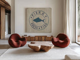 Floursack Nautical VIII Fish Burlap by Danhui Nai. Shown as extra-large giant wall art in a modern living room. Available as an archival giclee rolled canvas, fine art paper, or poster print. SKU 61127a.