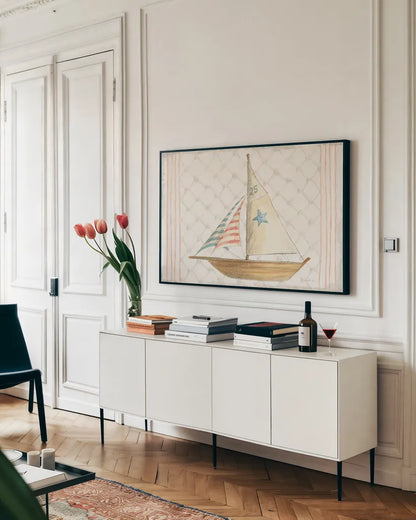 Floursack Nautical XII by Danhui Nai. shown as a framed stretched canvas in a living room above a console. Available as a archival giclee rolled canvas, fine art paper, or poster print. SKU 52822i.