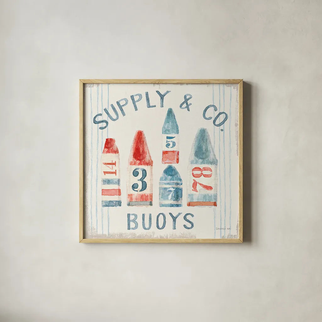 Floursack Nautical XV by Danhui Nai. Shown in a natural wood glass frame for a timeless modern aesthetic. Available as an archival giclee rolled canvas, fine art paper, or poster print. SKU 55272a.