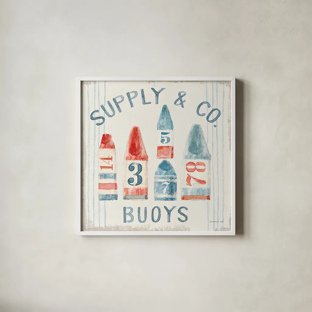 Floursack Nautical XV by Danhui Nai. Shown in a crisp white glass frame for a clean and minimalist style. Available as an archival giclee rolled canvas, fine art paper, or poster print. SKU 55272a.