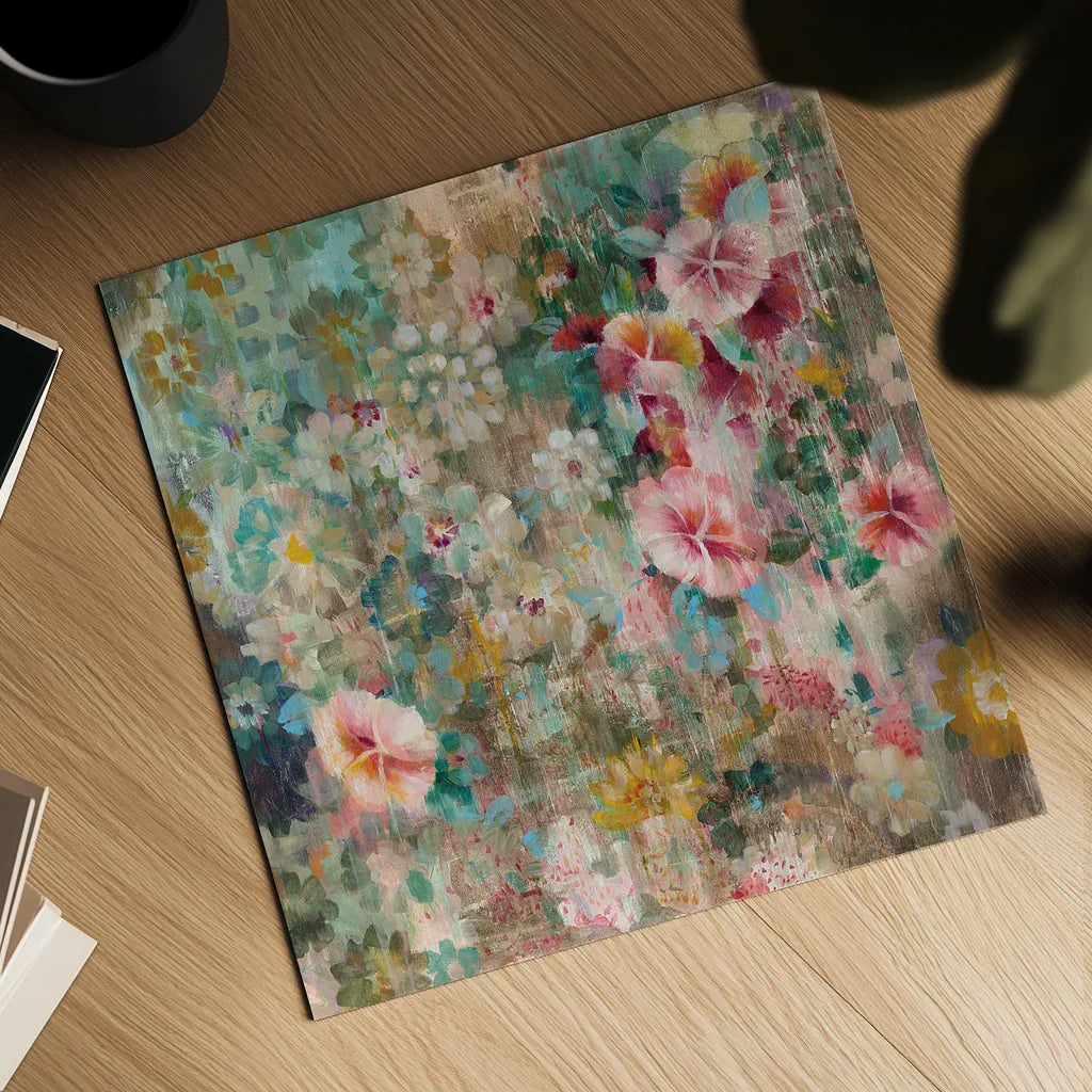 Flower Shower by Danhui Nai. Shown as a detailed flat fine art print, highlighting archival giclee quality. Available as an archival giclee rolled canvas, fine art paper, or poster print. SKU 28651a.