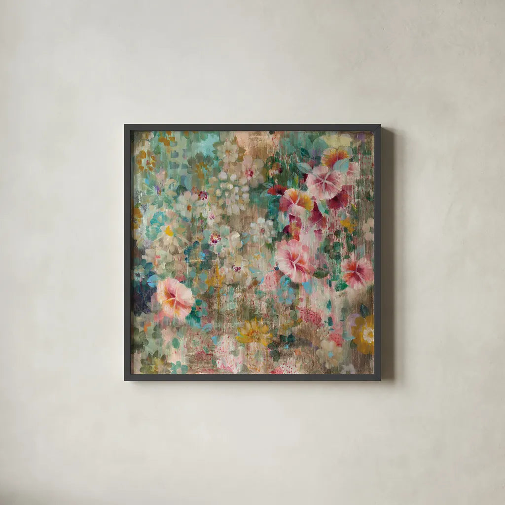 Flower Shower by Danhui Nai. Shown in a sleek black glass frame for a contemporary gallery look. Available as an archival giclee rolled canvas, fine art paper, or poster print. SKU 28651a.