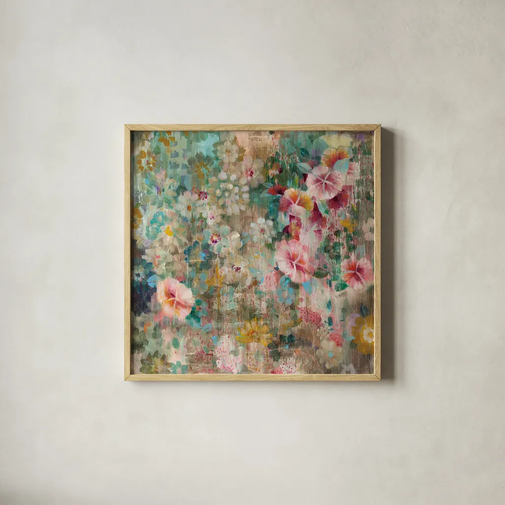 Flower Shower by Danhui Nai. Shown in a natural wood glass frame for a timeless modern aesthetic. Available as an archival giclee rolled canvas, fine art paper, or poster print. SKU 28651a.