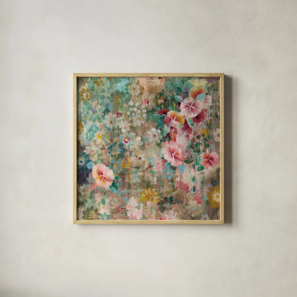 Flower Shower by Danhui Nai. Shown in a natural wood glass frame for a timeless modern aesthetic. Available as an archival giclee rolled canvas, fine art paper, or poster print. SKU 28651a.