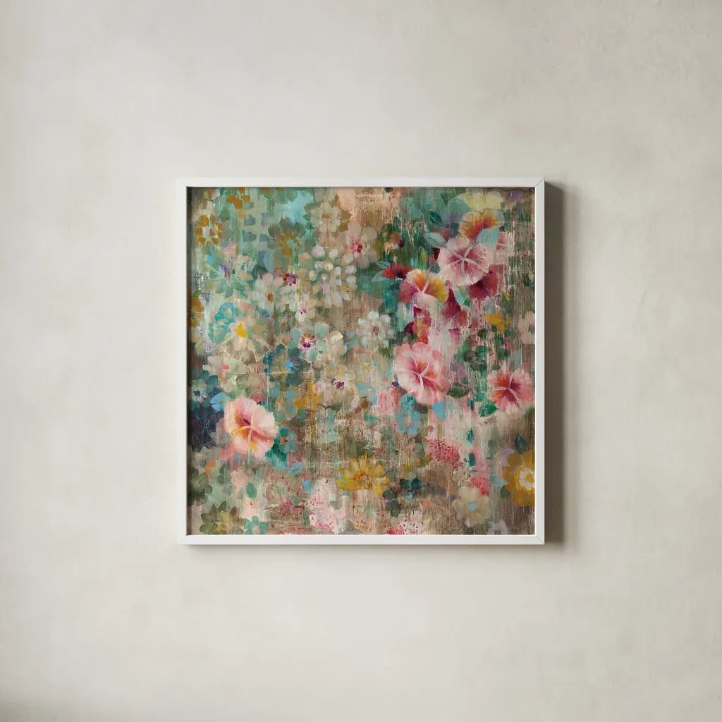 Flower Shower by Danhui Nai. Shown in a crisp white glass frame for a clean and minimalist style. Available as an archival giclee rolled canvas, fine art paper, or poster print. SKU 28651a.