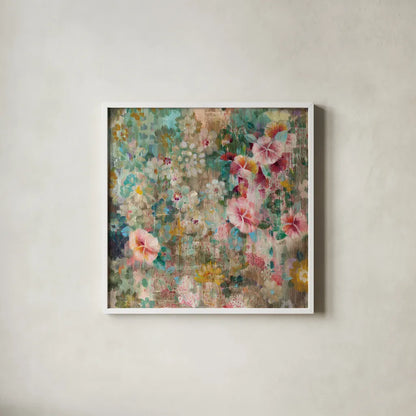 Flower Shower by Danhui Nai. Shown in a crisp white glass frame for a clean and minimalist style. Available as an archival giclee rolled canvas, fine art paper, or poster print. SKU 28651a.