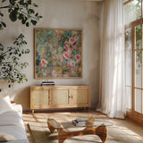 Flower Shower by Danhui Nai. Shown in a natural wood frame in a cozy modern living room. Available as an archival giclee rolled canvas, fine art paper, or poster print. SKU 28651a.