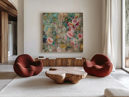 Flower Shower by Danhui Nai. Shown as extra-large giant wall art in a modern living room. Available as an archival giclee rolled canvas, fine art paper, or poster print. SKU 28651a.