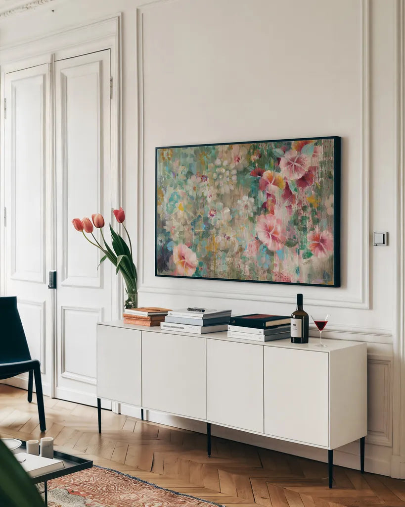 Flower Shower Crop by Danhui Nai. shown as a framed stretched canvas in a living room above a console. Available as a archival giclee rolled canvas, fine art paper, or poster print. SKU 28651i.