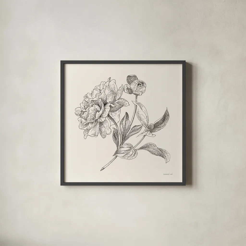 Flower Sketches I by Danhui Nai. Shown in a sleek black glass frame for a contemporary gallery look. Available as an archival giclee rolled canvas, fine art paper, or poster print. SKU 48396a.