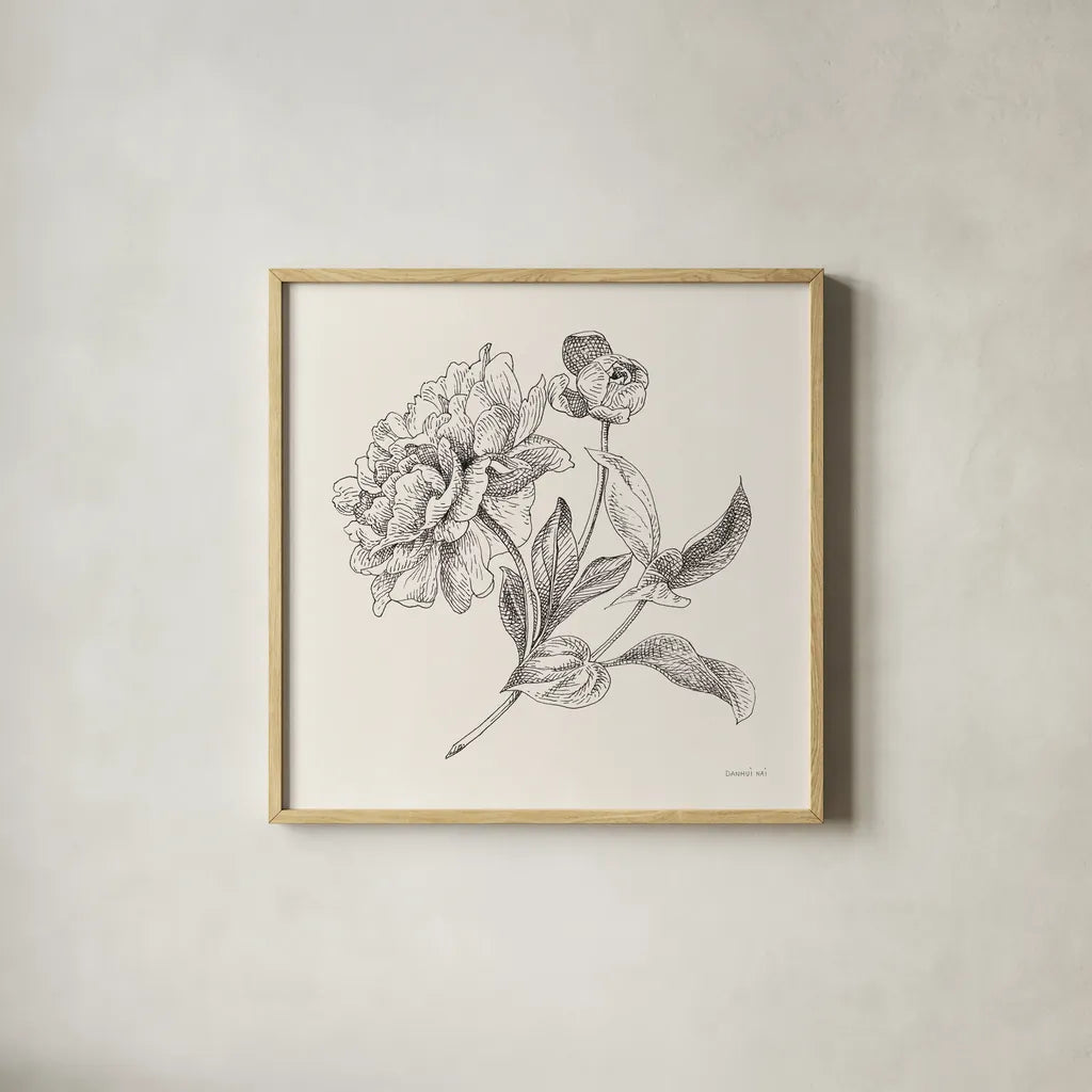Flower Sketches I by Danhui Nai. Shown in a natural wood glass frame for a timeless modern aesthetic. Available as an archival giclee rolled canvas, fine art paper, or poster print. SKU 48396a.