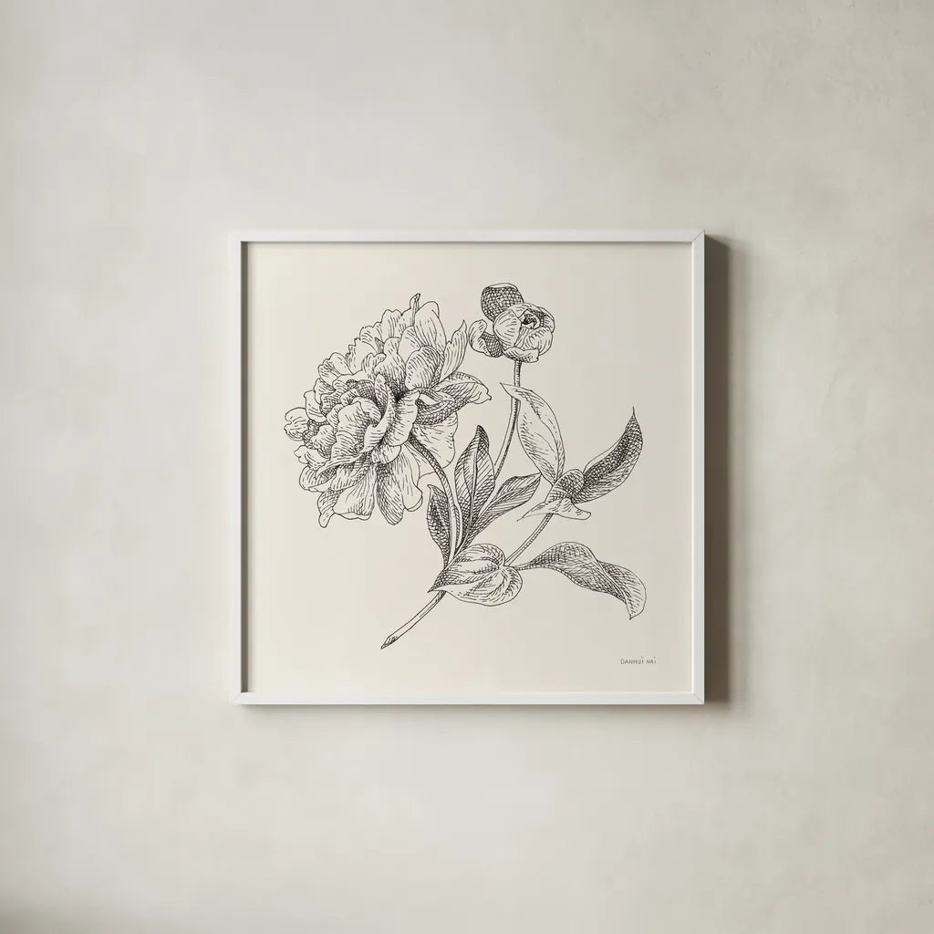 Flower Sketches I by Danhui Nai. Shown in a crisp white glass frame for a clean and minimalist style. Available as an archival giclee rolled canvas, fine art paper, or poster print. SKU 48396a.