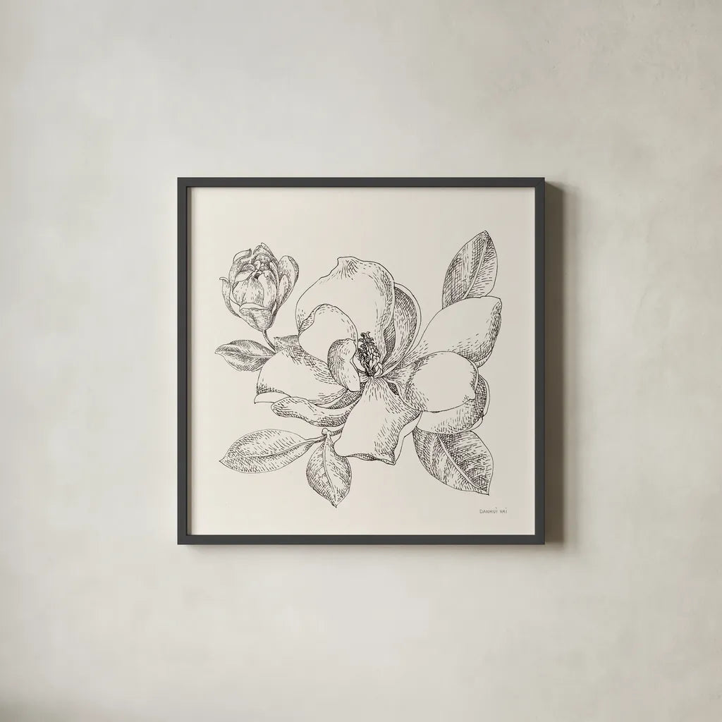 Flower Sketches II by Danhui Nai. Shown in a sleek black glass frame for a contemporary gallery look. Available as an archival giclee rolled canvas, fine art paper, or poster print. SKU 48397a.