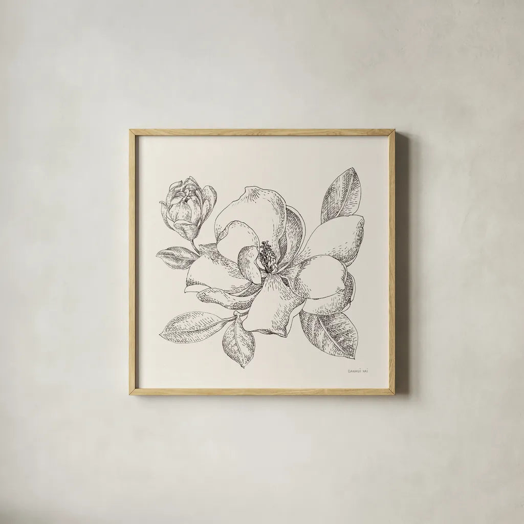 Flower Sketches II by Danhui Nai. Shown in a natural wood glass frame for a timeless modern aesthetic. Available as an archival giclee rolled canvas, fine art paper, or poster print. SKU 48397a.