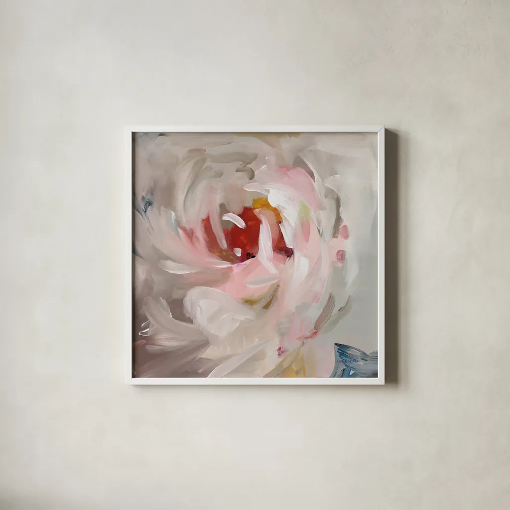 Flower Soul by Danhui Nai. Shown in a crisp white glass frame for a clean and minimalist style. Available as an archival giclee rolled canvas, fine art paper, or poster print. SKU 75715a.