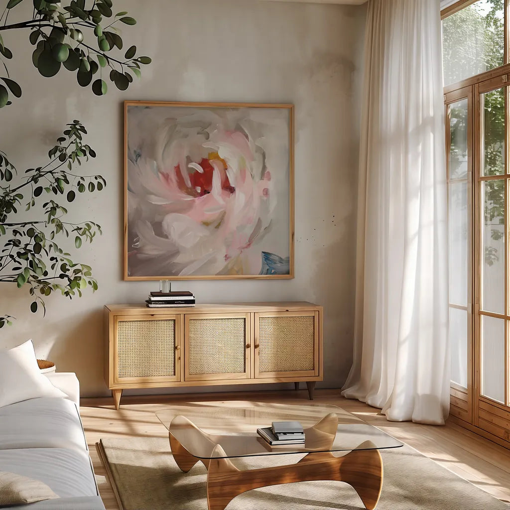 Flower Soul by Danhui Nai. Shown in a natural wood frame in a cozy modern living room. Available as an archival giclee rolled canvas, fine art paper, or poster print. SKU 75715a.