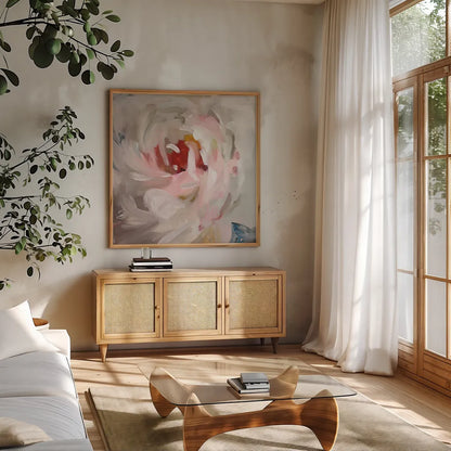 Flower Soul by Danhui Nai. Shown in a natural wood frame in a cozy modern living room. Available as an archival giclee rolled canvas, fine art paper, or poster print. SKU 75715a.