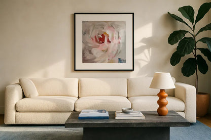 Flower Soul by Danhui Nai. Displayed in a glass frame with matte in a clean modern living room. Available as an archival giclee rolled canvas, fine art paper, or poster print. SKU 75715a.